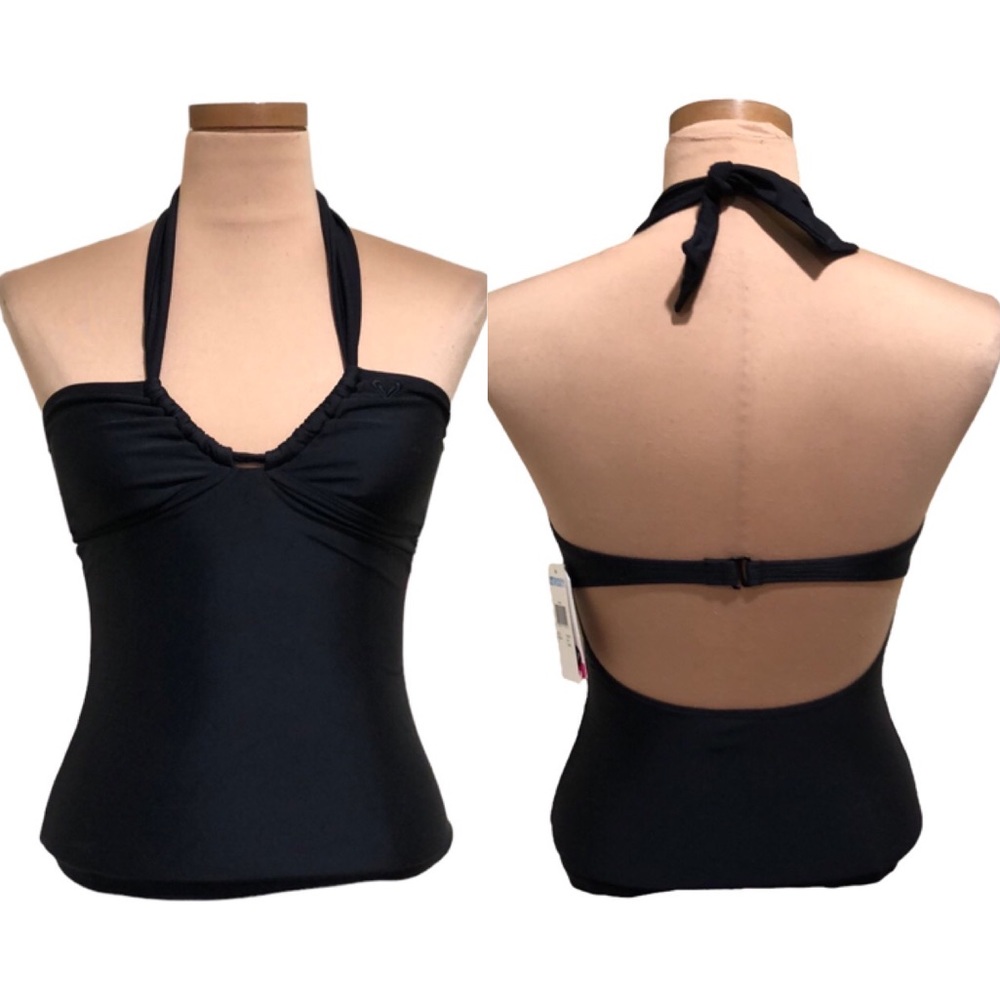 NWT Roxy Tankini Swim Top Size Small Black Halter Neck Ruched Bust